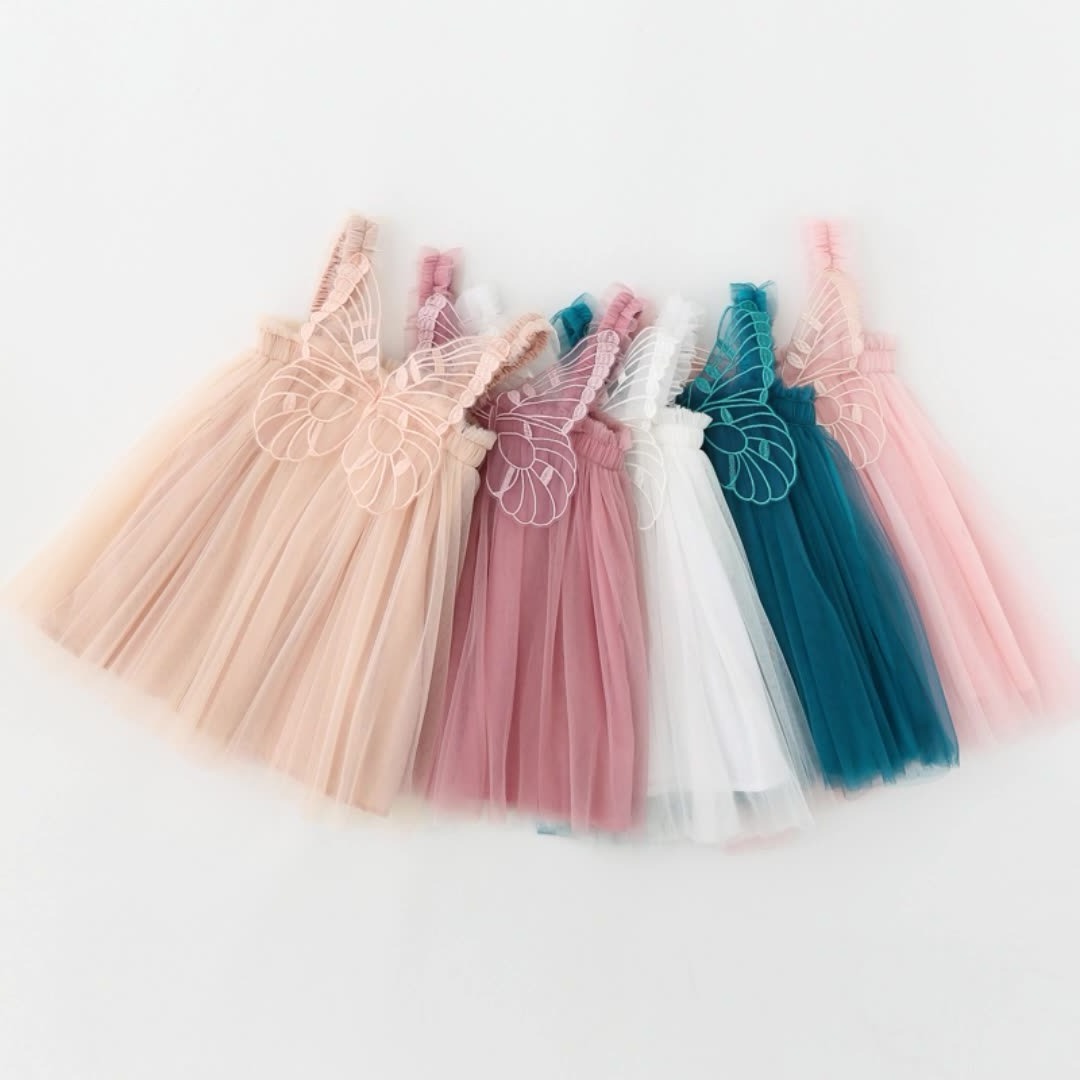 Summer children's new sweet fairy dress baby princess fold strap backless embroidered butterfly wings tutu dresses