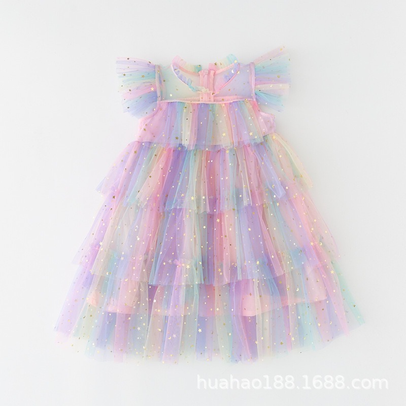 Girl's sheer princess dress with flying sleeves rainbow stars sequin cake dress children's mesh fluffy birthday party dress