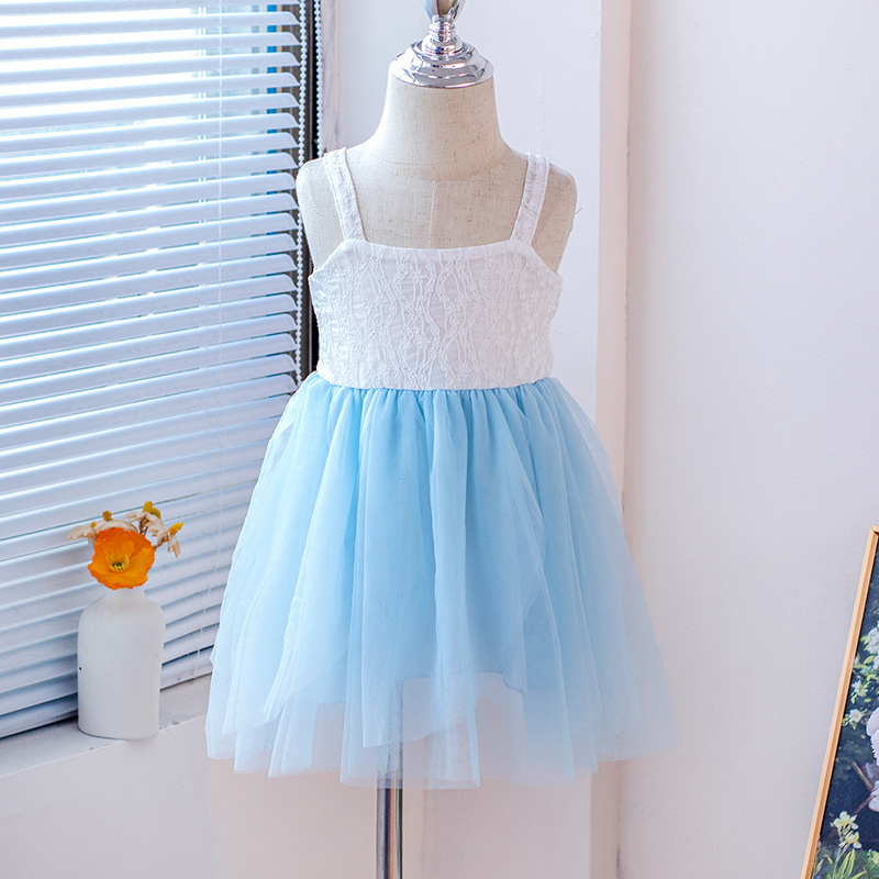 Girl's children's wear 2024 summer white stripe embroidery and blue mesh dress festival party leisure princess tutu dresses