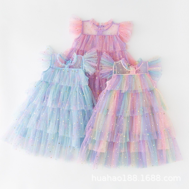 New summer  2024 girls fairy dress colorful sequin mesh cake dress for 3-8 Y best quality girls fluffy princess  tutu dress