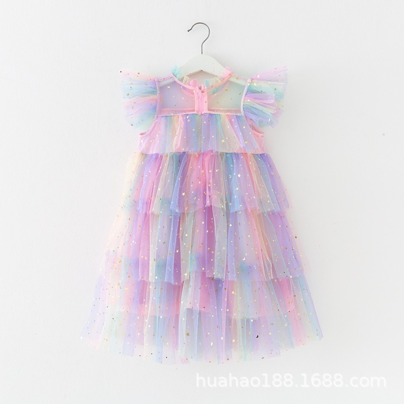 Summer new girl baby sequin princess dress flying sleeves lace preschool children's rainbow mesh cake children's dress