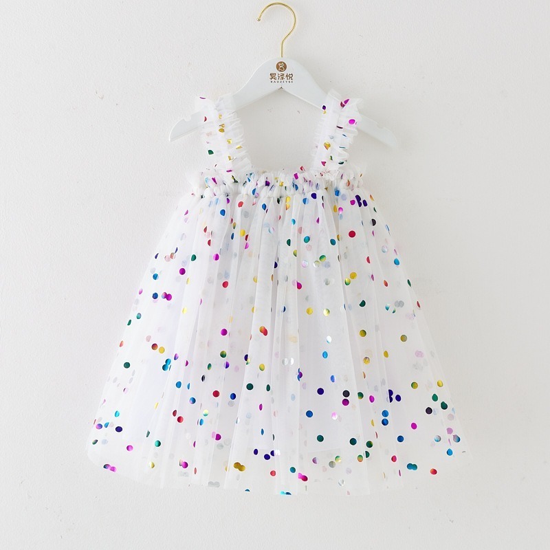 Baby kids girls party dress 2024 summer square neck sleeveless sequins star mesh polka dot rainbow Princess Birthday dress