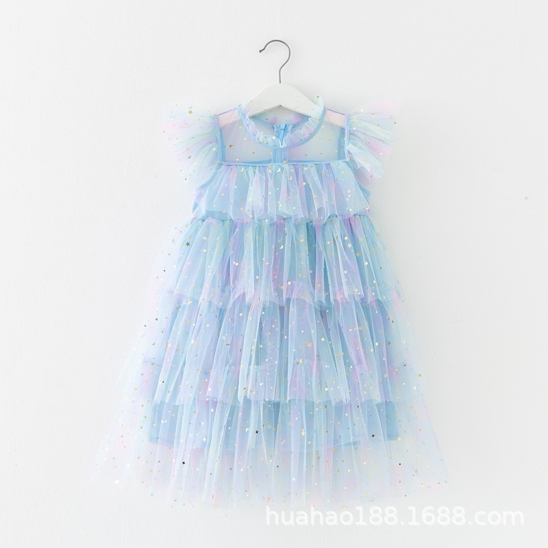 Girl's sheer princess dress with flying sleeves rainbow stars sequin cake dress children's mesh fluffy birthday party dress