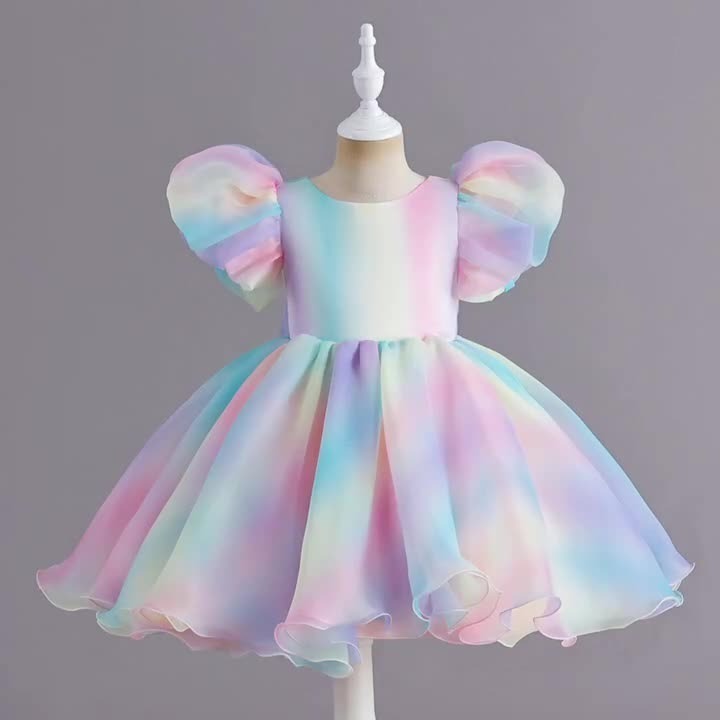 2024 New children's clothing girl's dress cotton blended rainbow summer round neck fluffy soft children's party  tutu dresses