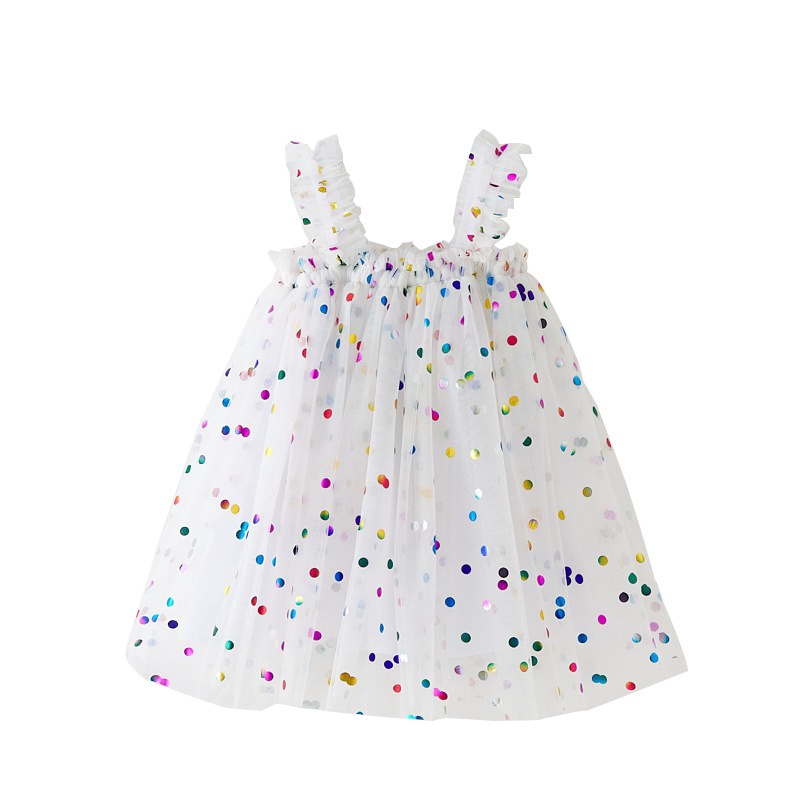 Baby kids girls party dress 2024 summer square neck sleeveless sequins star mesh polka dot rainbow Princess Birthday dress