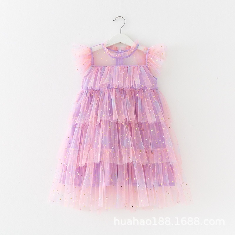 Summer new girl baby sequin princess dress flying sleeves lace preschool children's rainbow mesh cake children's dress