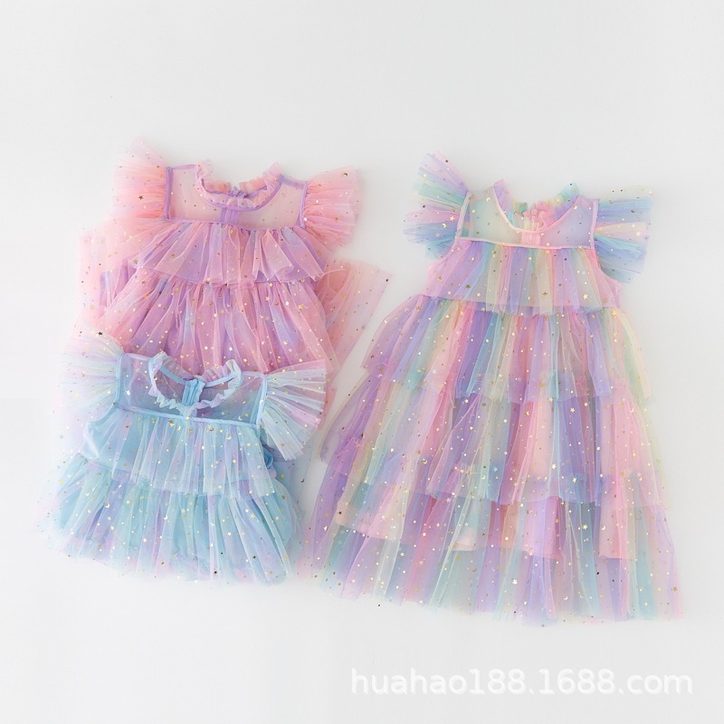 New summer  2024 girls fairy dress colorful sequin mesh cake dress for 3-8 Y best quality girls fluffy princess  tutu dress