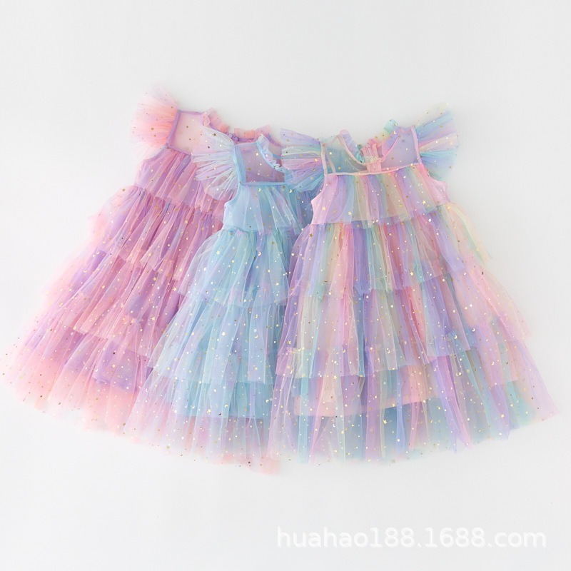 Summer new girl baby sequin princess dress flying sleeves lace preschool children's rainbow mesh cake children's dress