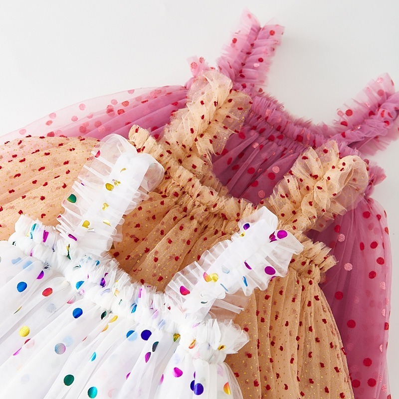 Baby kids girls party dress 2024 summer square neck sleeveless sequins star mesh polka dot rainbow Princess Birthday dress