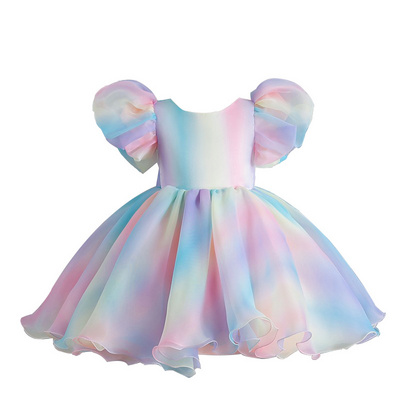 2024 New children's clothing girl's dress cotton blended rainbow summer round neck fluffy soft children's party  tutu dresses