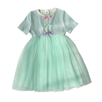 Girls' colorful bow knot mesh girl's dress 2024 summer round neck butterfly buckle short sleeved princess fluffy tutu dress