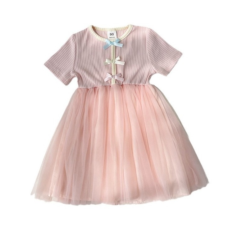 Girls' colorful bow knot mesh girl's dress 2024 summer round neck butterfly buckle short sleeved princess fluffy tutu dress