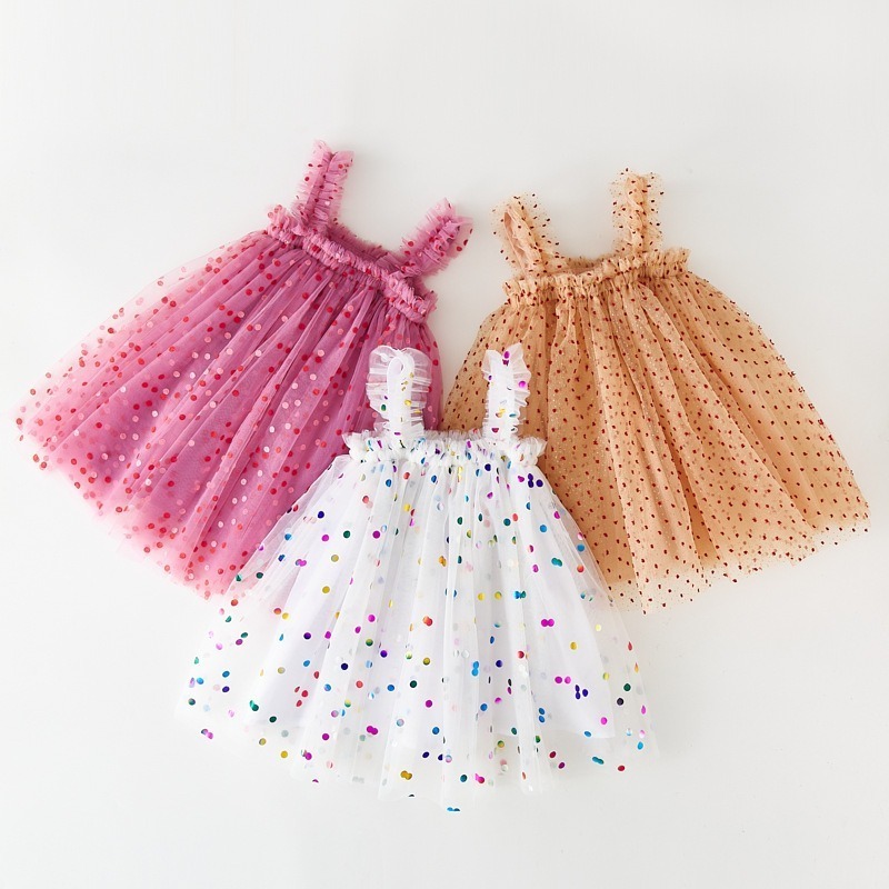 Baby kids girls party dress 2024 summer square neck sleeveless sequins star mesh polka dot rainbow Princess Birthday dress