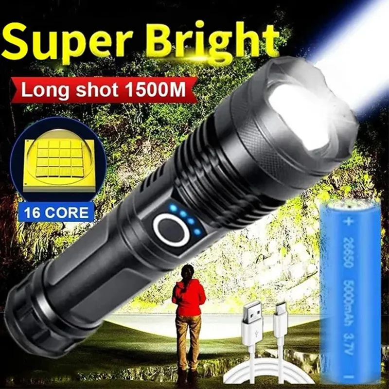 100000 Lumen Handheld Rechargeable Water Resistant Camping Torches Adjustable Led Tactical Flashlight