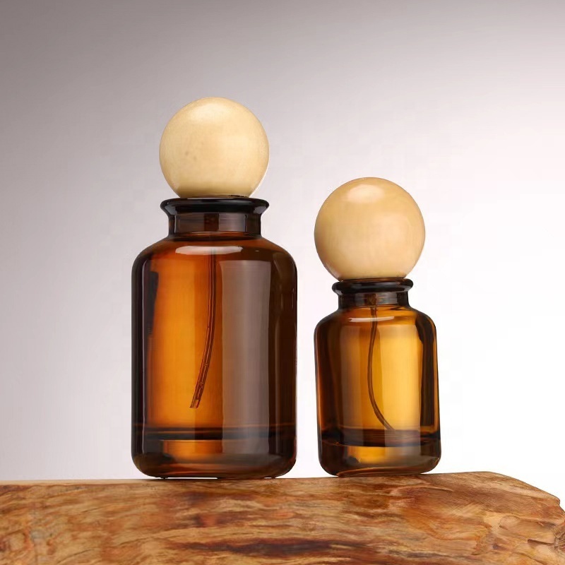 Brown glass perfume bottles 30ml 50ml 100ml empty spray perfume bottle with wooden round cap