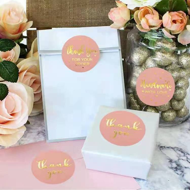 1.5inch 500pcs/Roll Adhesive  Business Order Hand Made Labels Wedding Envelope Seals Gold Foil Pink Thank You Stickers