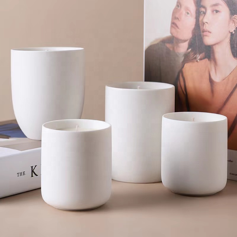 White Ceramic Cup Nordic Style Concrete Cement Empty Wide Matte Candle Jars Frosted Round Candle Holder