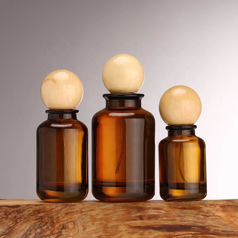 Brown glass perfume bottles 30ml 50ml 100ml empty spray perfume bottle with wooden round cap