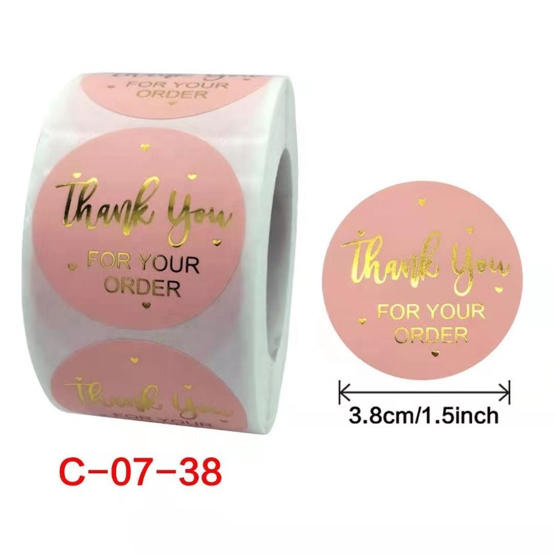 1.5inch 500pcs/Roll Adhesive  Business Order Hand Made Labels Wedding Envelope Seals Gold Foil Pink Thank You Stickers