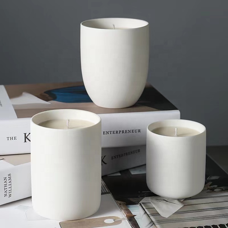 White Ceramic Cup Nordic Style Concrete Cement Empty Wide Matte Candle Jars Frosted Round Candle Holder