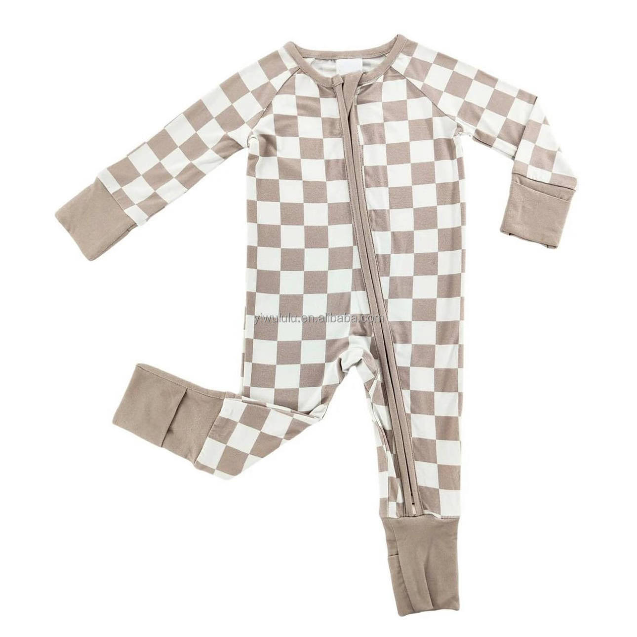 Beige Checkered Bamboo Viscose Soft Baby Jumpsuit Pajamas Long Sleeves Newborn Sleepers Boy Girl Clothes OEM Baby Romper