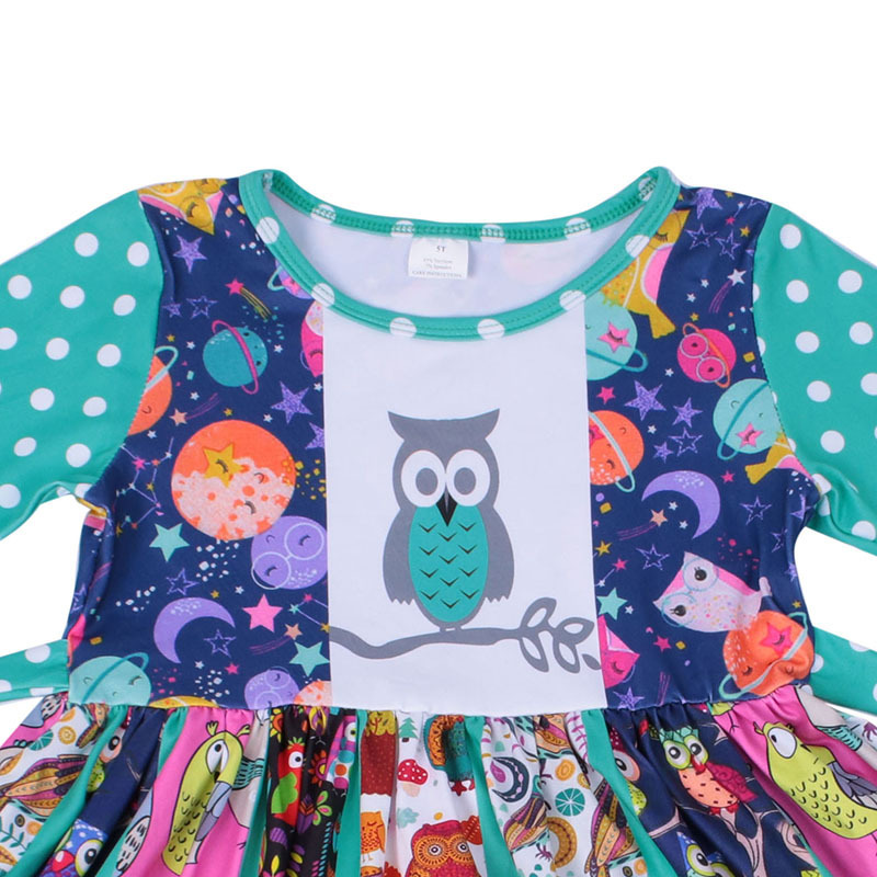 Infant Baby Girl Dress Owl Print Polka Dot Long Sleeve Sash Princess Twirl Dress