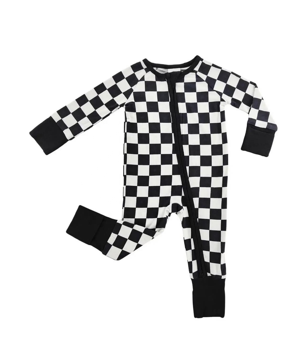 Beige Checkered Bamboo Viscose Soft Baby Jumpsuit Pajamas Long Sleeves Newborn Sleepers Boy Girl Clothes OEM Baby Romper