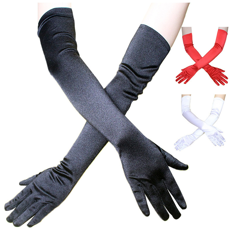 Opera Wedding Party Etiquette Full Finger Satin Gloves Elastic Ladies Sexy Black Long Gloves For Women