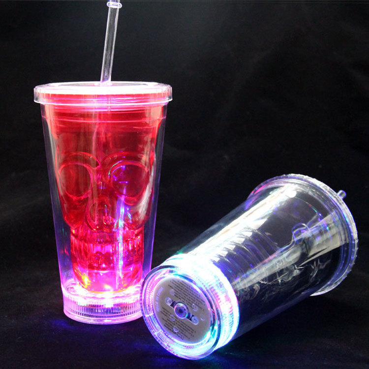 Wholesale Clear Plastic Skull Cups With Straws Led Halloween Double Wall Tumbler Cup Light Up Drinking Straw Cup