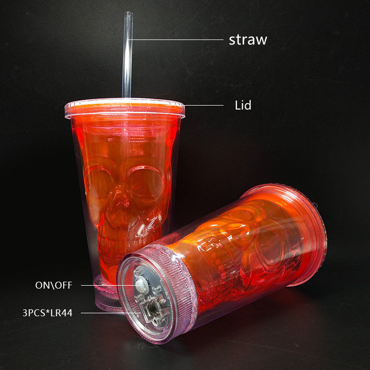 Wholesale Clear Plastic Skull Cups With Straws Led Halloween Double Wall Tumbler Cup Light Up Drinking Straw Cup