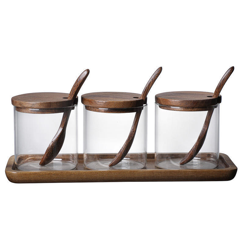 Hot Seasoning Container Seasoning Box 3 Spice Glass Cans With Bamboo Spoon Cover And Base