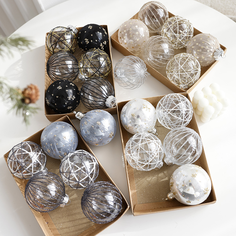 6pcs 8cm Glass Hand painted Champagne Black Christmas ball with white and black stripes for christmas Tree Decoration Ornaments