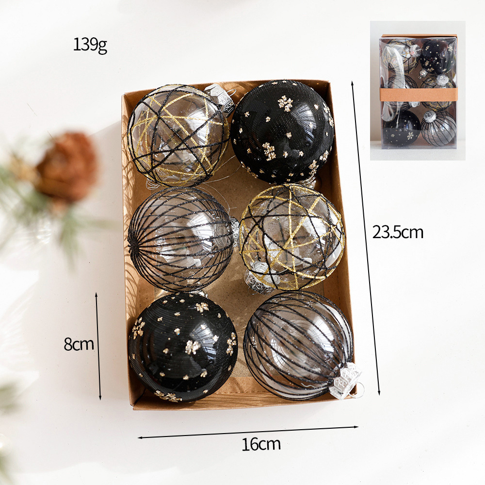 6pcs 8cm Glass Hand painted Champagne Black Christmas ball with white and black stripes for christmas Tree Decoration Ornaments