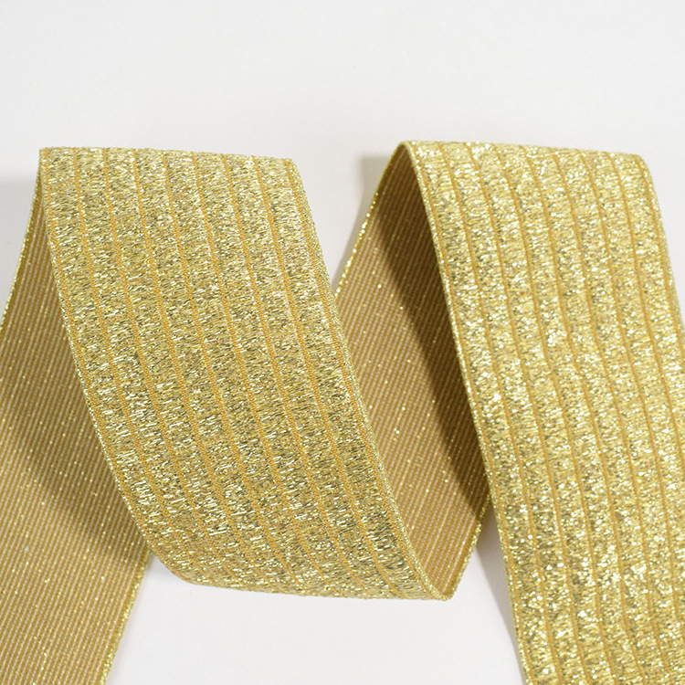 High Tenacity 40mm Colorful Strip Shiny Gold Or Silver Jacquard Elastic Band Knitted Custom Logo Elastic Band