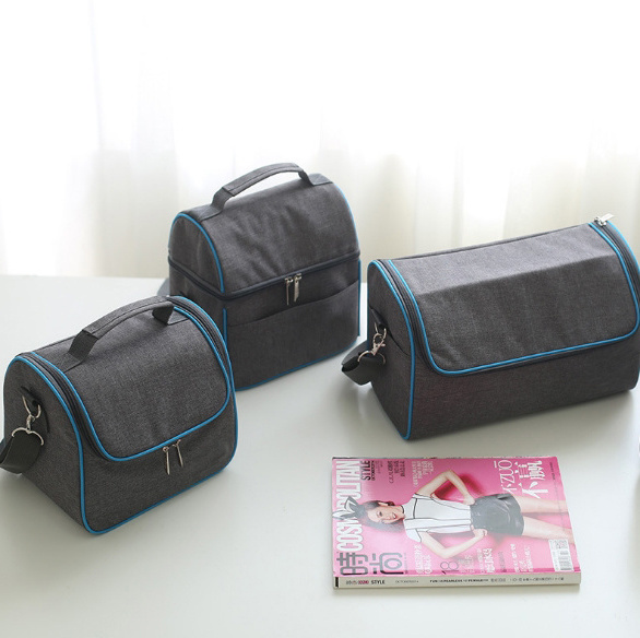 Polyester gray double compartment insulated thermal food carry lunch picnic baby bottle cooler bag