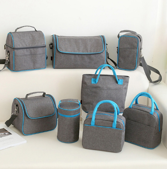 Polyester gray double compartment insulated thermal food carry lunch picnic baby bottle cooler bag