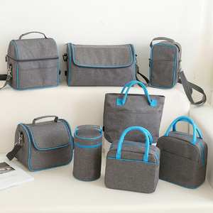 Polyester gray double compartment insulated thermal food carry lunch picnic baby bottle cooler bag