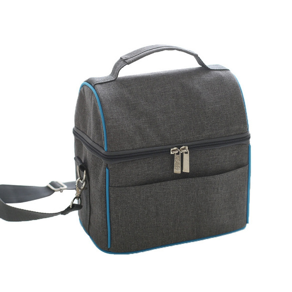 Polyester gray double compartment insulated thermal food carry lunch picnic baby bottle cooler bag