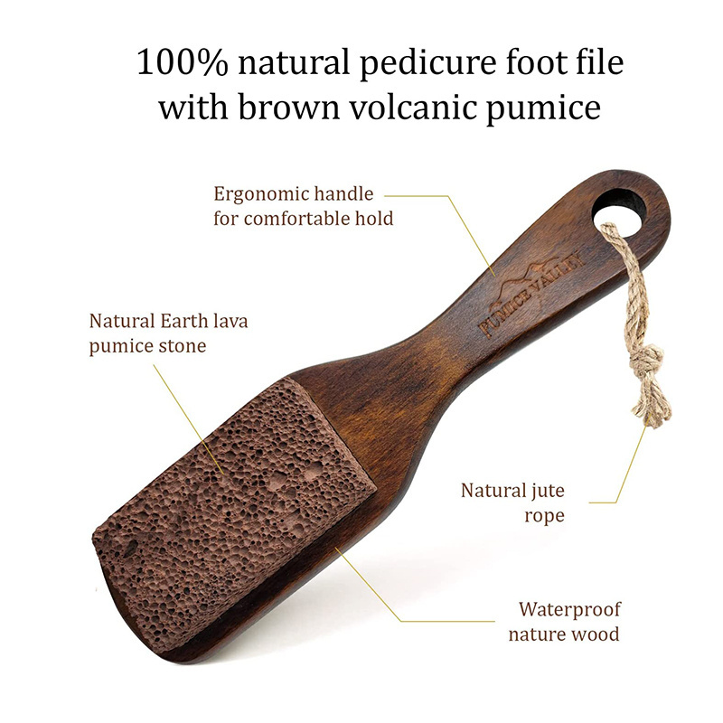 High Quality custom skin Care wooden handle Foot file natural pumice stone brush wholesale foot massager scrubber