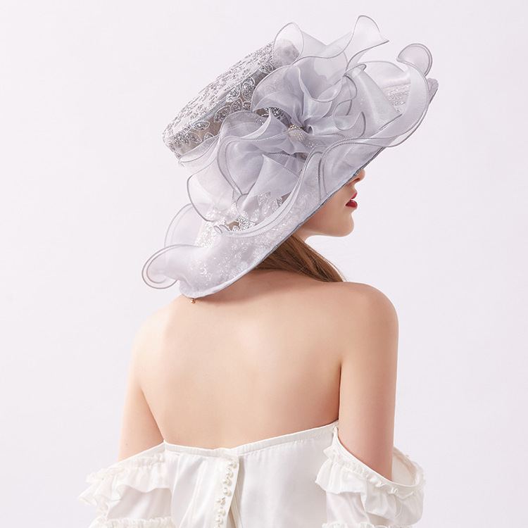 Mesh Ruffles Flower Organza Sequins Sun Hat Women Kentucky Derby Party Wedding Lace Church Hat