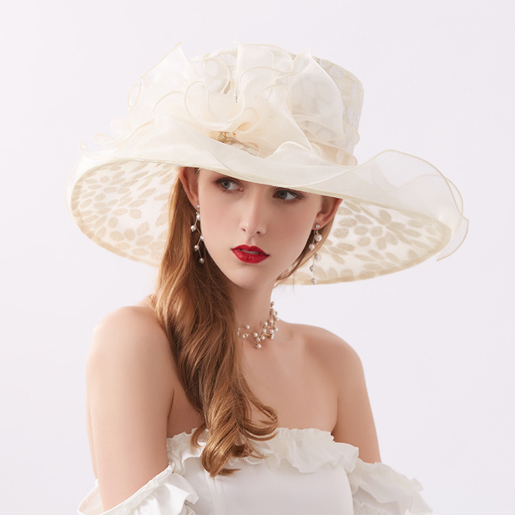 Mesh Ruffles Flower Organza Sequins Sun Hat Women Kentucky Derby Party Wedding Lace Church Hat