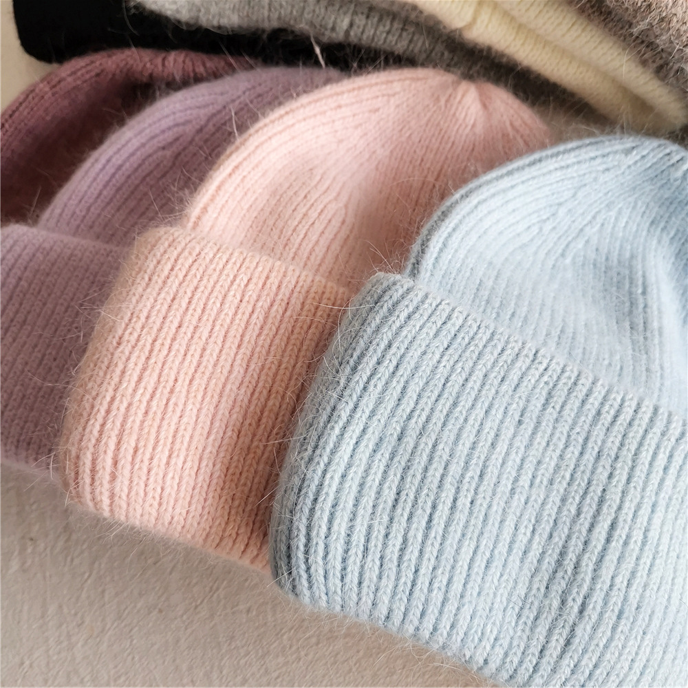 Winter Accessories Real Rabbit Fur Knitted Skull Caps Winter Warm Hats Women Wool Ribbed Knit Beanies