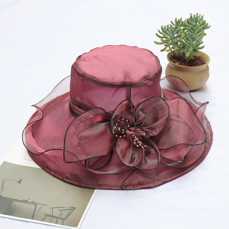 wholesale High quality organza party church hats elegant Wide Brim fancy women retro Flower Wedding Hats