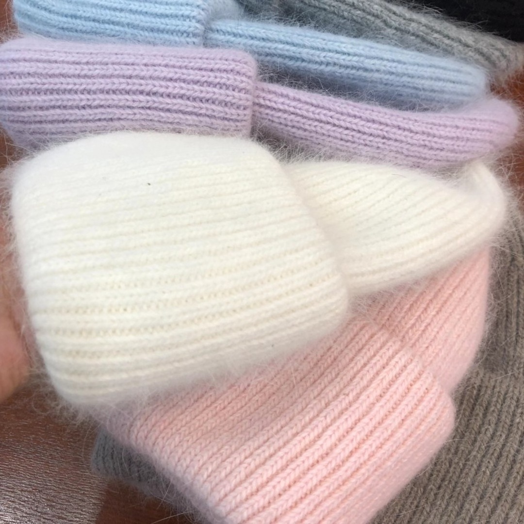 Winter Accessories Real Rabbit Fur Knitted Skull Caps Winter Warm Hats Women Wool Ribbed Knit Beanies