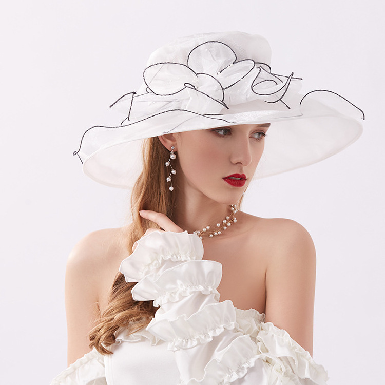 wholesale High quality organza party church hats elegant Wide Brim fancy women retro Flower Wedding Hats