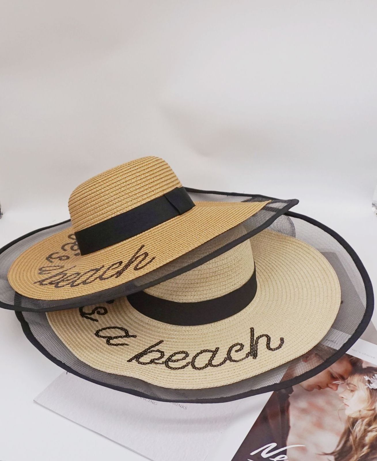 French New Embroidered Net Sunblock Hat Herben Wind Big Eaves Beach Hat Summer Travel Straw Hat