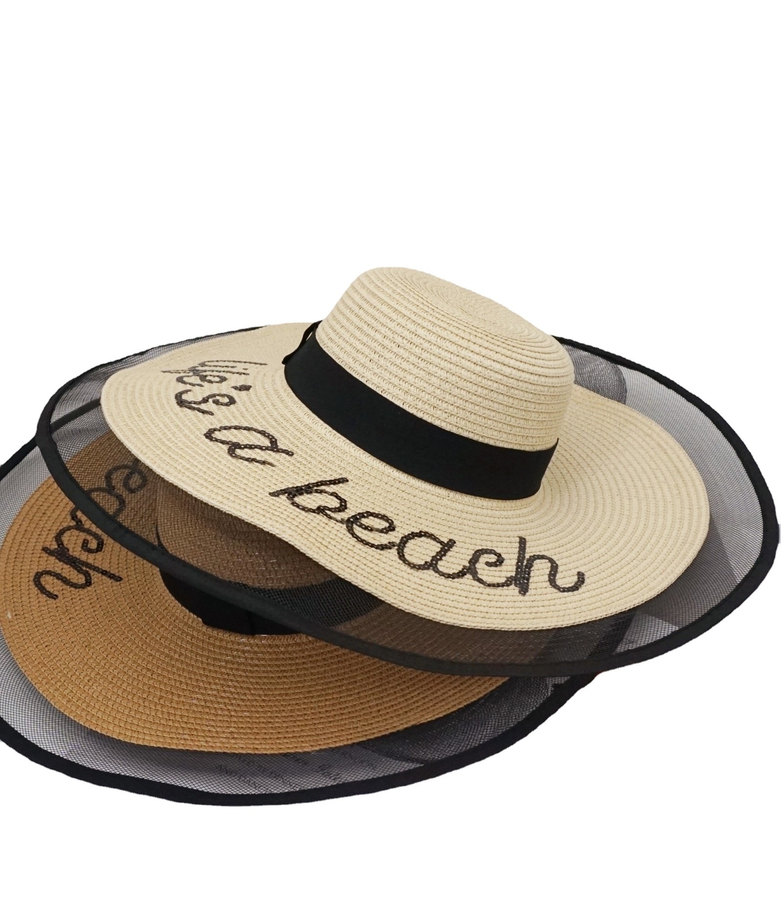 French New Embroidered Net Sunblock Hat Herben Wind Big Eaves Beach Hat Summer Travel Straw Hat