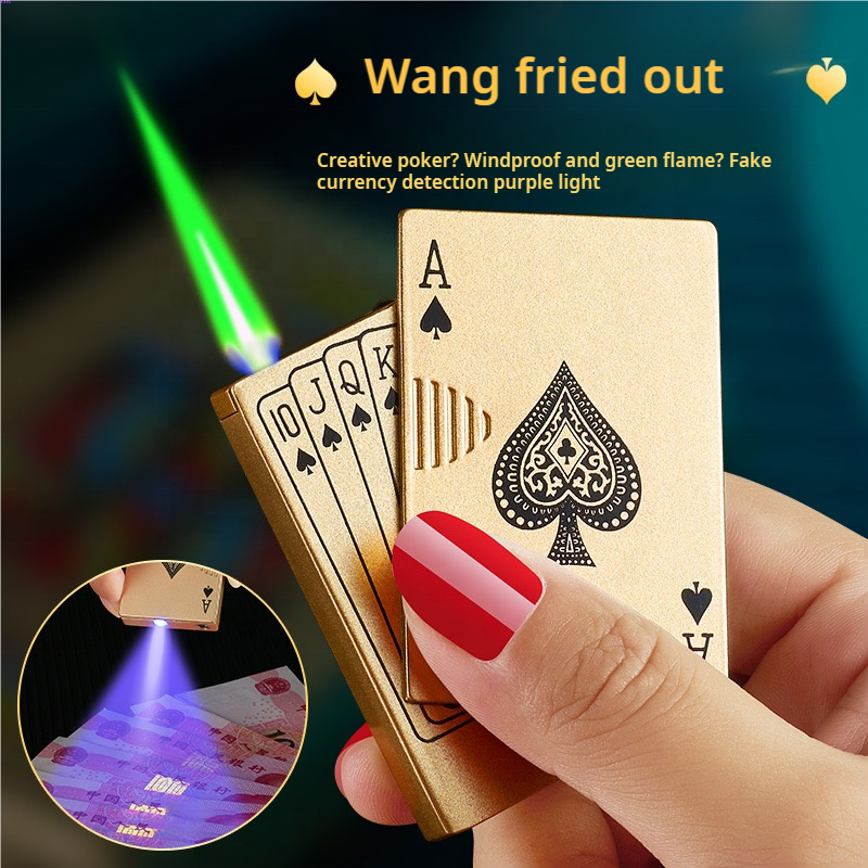 Ace Card Metal Windproof Cigarette Lighter Playing Card Lighters Jet Torch Turbo Smoking Accessories Green Flame Poker Lighter