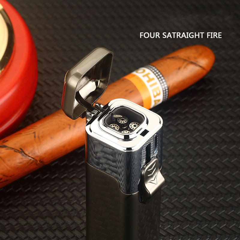 Custom Logo Refillable Gas Four Straight Flames Jet Torch Lighter Windproof Jet Flame Gas Cigar Torch Lighter with Punch