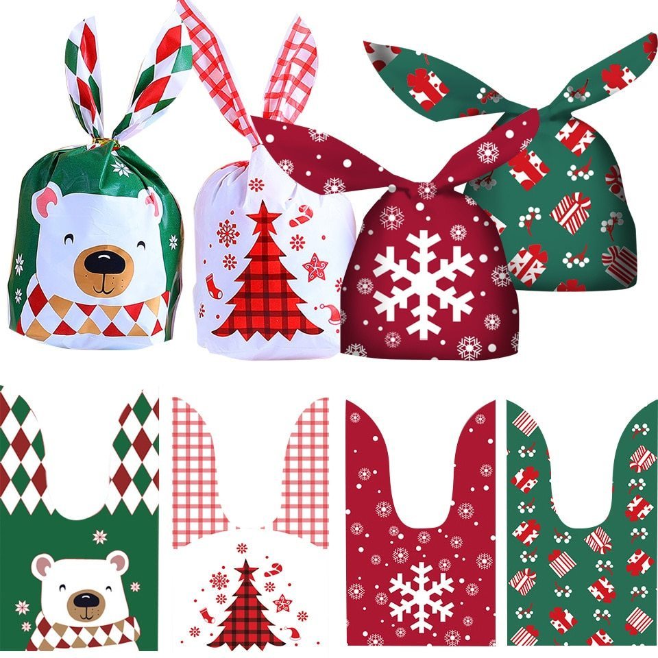 50Pcs In Stock Christmas Rabbit Ears Packaging Gift Bag Cookie Snack Candy Bag Apple Package Snack Gift Plastic Bags